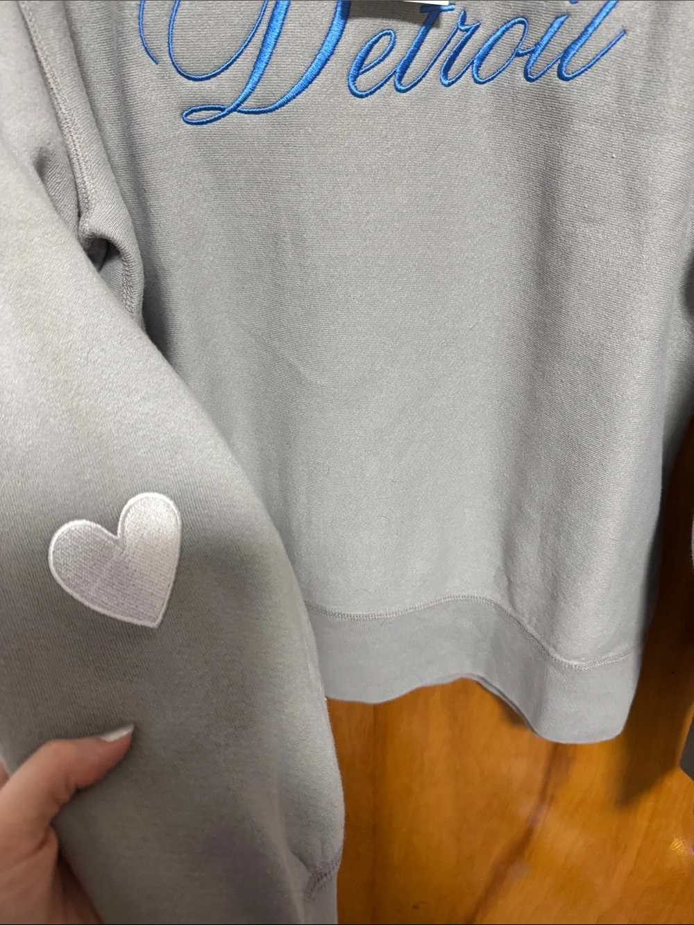 Grey 'Detroit' Embroidered Crewneck Sweatshirt with Blue Script - Picture 7 of 9